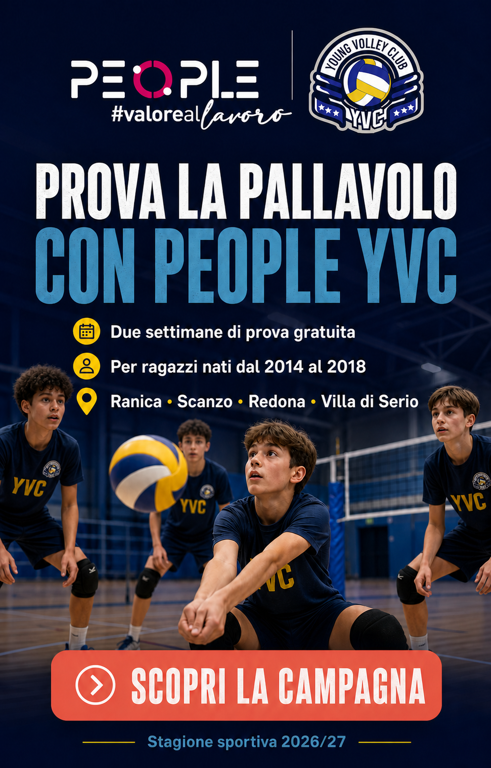 Locandina People YVC per due settimane di prova gratuita di pallavolo per ragazzi nati dal 2014 al 2018
